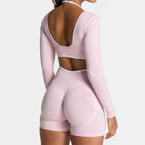 Lcool Frauen Yoga Set 2 Stück Nahtloses Halfter Langarm Sport Top Kontrast Scrunch Nahtlose Shorts Frauen Fitness Fitness Sets - Product Image 3