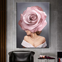 Affiche sur toile moderne minimaliste avec des roses en plumes, art mural scandinave, peinture créative de tête de femme avec des fleurs