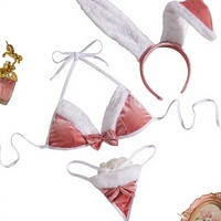 Ensemble de jeu de rôle sexy pour femmes, lingerie en peluche trois points, motif lapin, rose, polyester, pour Noël, sans déshabillage, ODM