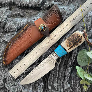 Vg10 Damascus Stalen Vaste Rechte Camping Jachtmes Hoorn Handvat Met Lederen Schede - Product Image 1