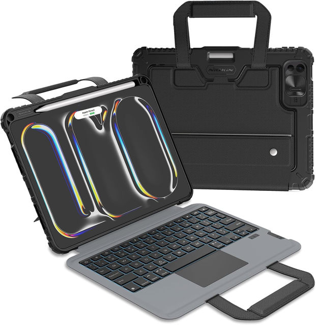 Hot Sale Backlit Trackpad Leather Keyboard Case for iPad Air 11 2024/10.9 2020 With Handle, Rugged Case With Detachable Keyboard
