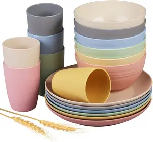 Kitchen Wheat Straw Dinnerware Set Dinner Plates Dessert Cereal Bowls Cups Outdoor Camping Plates & Dishes Unbreakable Plastic