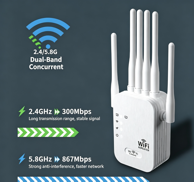 1200Mbps  WiFi Repeater WiFi Extender Signal Booster 2.4GHz 5GHz Indoor  with Ethernet Port 4&6 Antennas Long Range Coverage