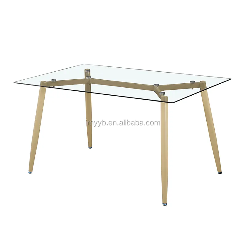 새로운 디자인 저렴한 식당 FURNTIRUE 나무 효과 금속 다리 식탁 강화 유리 현대 테이블
