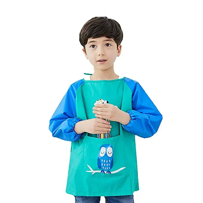 G291 wasserdichtes Kindermalerei Smock-Lips mit langer Ärmel große Tasche Karikaturdruck Malerei Smock-Kind