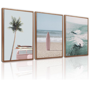 Juego de 3 letreros de pared de madera marco océano ola palmera playa ilustraciones tabla de surf arte impresiones madera playa enmarcado lienzo <span class=keywords><strong>para</strong></span> decoración <span class=keywords><strong>del</strong></span> hogar - Product Image 1