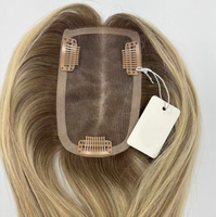Perruque de luxe de 16 pouces, mèches blondes et brunes mélangées, cheveux européens Remy, petites extensions à clipser, mini perruque frontale en dentelle, topper monofilament pour femme