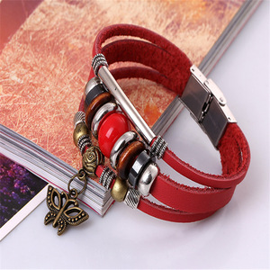 Gelang kulit sapi asli trendi, gelang kulit asli, gelang pesona kupu-kupu dan berlian, gelang manik-manik kulit sapi Retro Eropa dan Amerika - Product Image 6