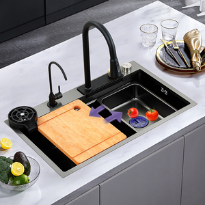 Évier de cuisine multifonction en acier inoxydable 304 avec revêtement nano, cascade, fait main, noir, sans robinet, vente en gros - Product Image 3