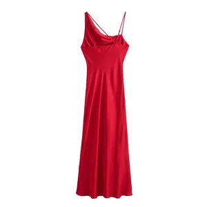 Robe longue en satin pour femme sans manches, soyeuse et décontractée, design asymétrique de couleur rouge