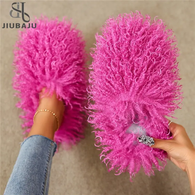 Winter Harige Schoenen Vrouwen Bont Slippers Pluizige Faux Mongoolse Bontglijbanen Warme Pluche Slippers Fuzzy Slippers Luxe Schoenen Vrouw