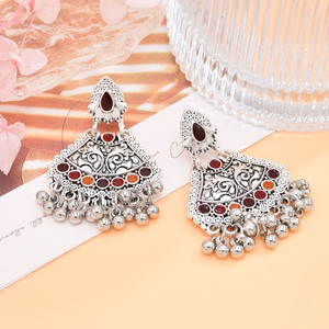 Boucles d'oreilles pendantes en argent vintage fleur sculptée mexicaine boules en émail glands femmes boucles d'oreilles - Product Image 3