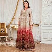 Robe Abaya Musulmane Élégante à Col en V avec Motifs Géométriques Imprimés pour Femmes, Style Arabe, Dubaï, Moyen-Orient 2026