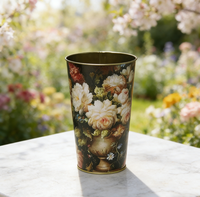 JH Joli pot de fleurs vintage rond et haut en fer blanc avec impression offset