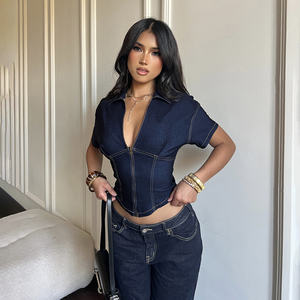 Camisa de Mujer con Cuello en V, Estilo Denim, Manga Corta, Corte Ajustado, Estilo Y2K, Blusa Informal con Aspecto de Denim para Mujer - Product Image 2