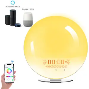 Reloj despertador inteligente con Control de voz y WIFI, lámpara de mesita de noche, con aplicación de Amanecer y atardecer