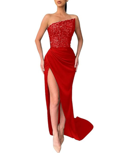 Robes de soirée élégantes pour femmes, tendance, sans bretelles, asymétriques, avec des sequins et des patchwork en satin, vente chaude - Product Image 4