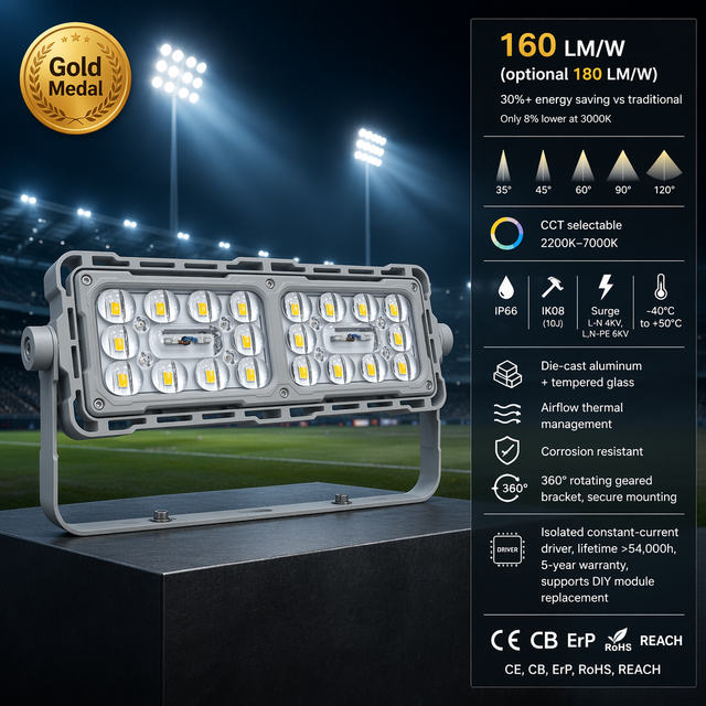 High Lumen 160lm/w~180lm/w IP66 Waterproof and Dustproof LED Flood Light for  Stadium Sports Field LED Flood Light