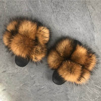 Sandales à la mode en fourrure de raton laveur pour femmes, sandales marron, blanc, gris, rose, pompon, fourrure de renard