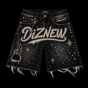 DiZNEW Set Personalizzato <span class=keywords><strong>Camicia</strong></span> a Quadri e Pantaloncini in Denim con Catena per <span class=keywords><strong>Uomo</strong></span>, Strass e Schizzi di Vernice, Stile Gotico Grunge Y2K, Set 2 Pezzi Effetto Vissuto BSCI - Product Image 4