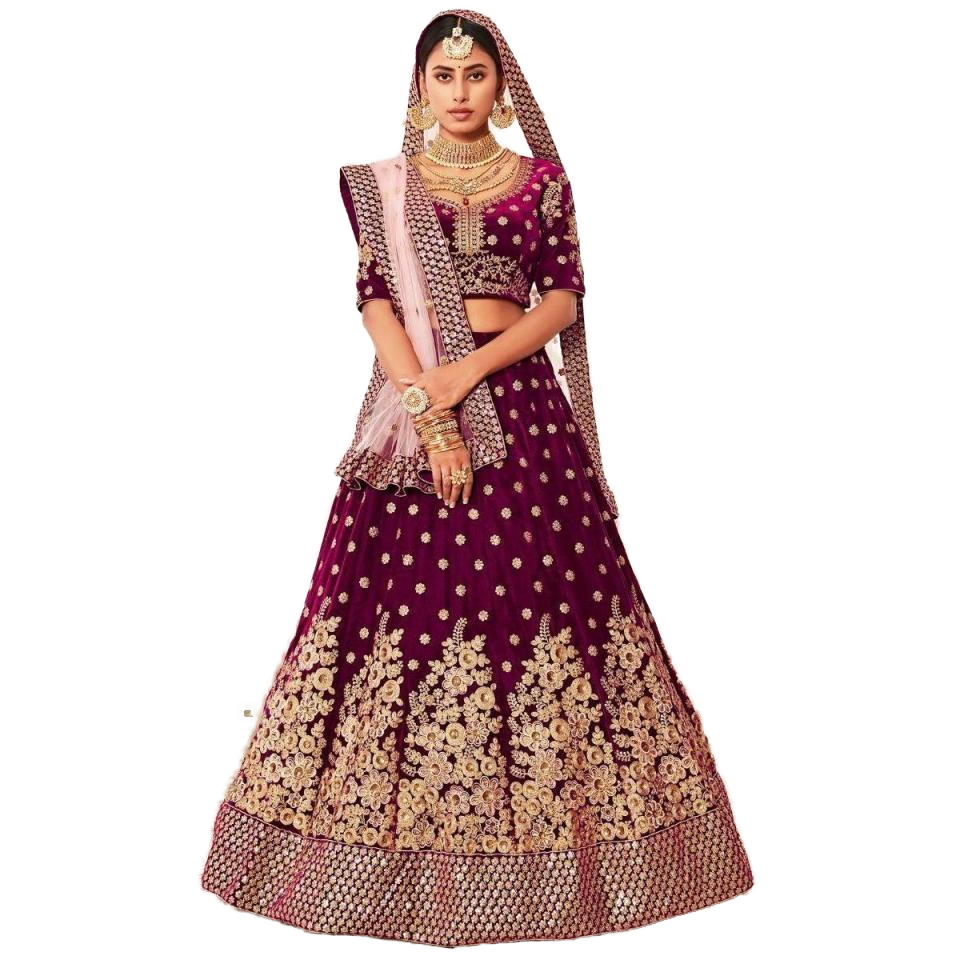 Привлекательная фиолетовая вышитая бархатная свадебная одежда Lehenga Choli для платья матери невесты