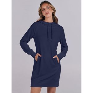 FOXA Womens Sweatshirt <b>Dress</b> Long Sleeve Hooded Mini Casual <b>Dress</b> With Pockets <b>Elastic</b> Waist Loose Fit Knitted Fabric - Product Image 6