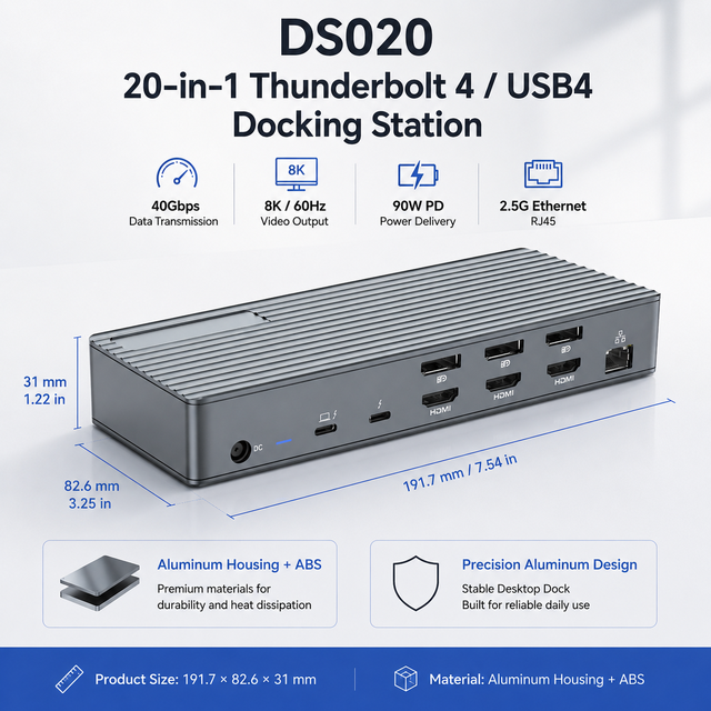 Thunderbolt 4 Docking Station DisplayLink Quad Display 4K 8K USB4 Hub 40Gbps 2.5G Ethernet 90W PD Powered in Stock MacBook
