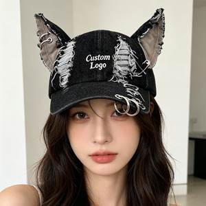 Ripped Denim <b>Baseball</b> <b>Cap</b> With 3D Ears And Metal Rings Punk Style Unisex Adjustable Hat Custom Logo Front Panel - Product Image 6
