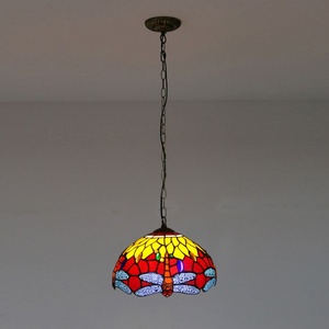 LongHuiJing Middle 12-Inch Adjustable Height European Pastoral Retro Tiffany Pendant <b>Red</b> Dragonfly Pattern Stained Glass Shade - Product Image 4