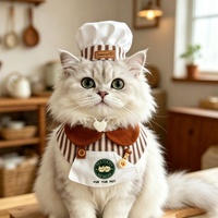 Mignon chapeau de chef réglable en polyester rayé pour chiens et chats avec bavoir anti-bave, accessoire de collier pour animaux de compagnie style barista décontracté