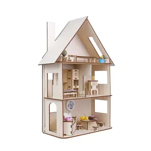 Quebra-cabeça personalizado de fábrica, corte a laser diy, casa de boneca de madeira com móveis de casa de bonecas para crianças, presentes