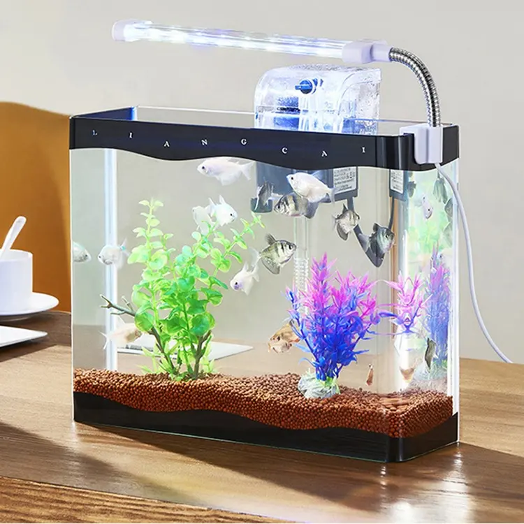 Kit Akuarium Kaca Sudut Melengkung Tangki Ikan dengan Filter dan Lampu LED