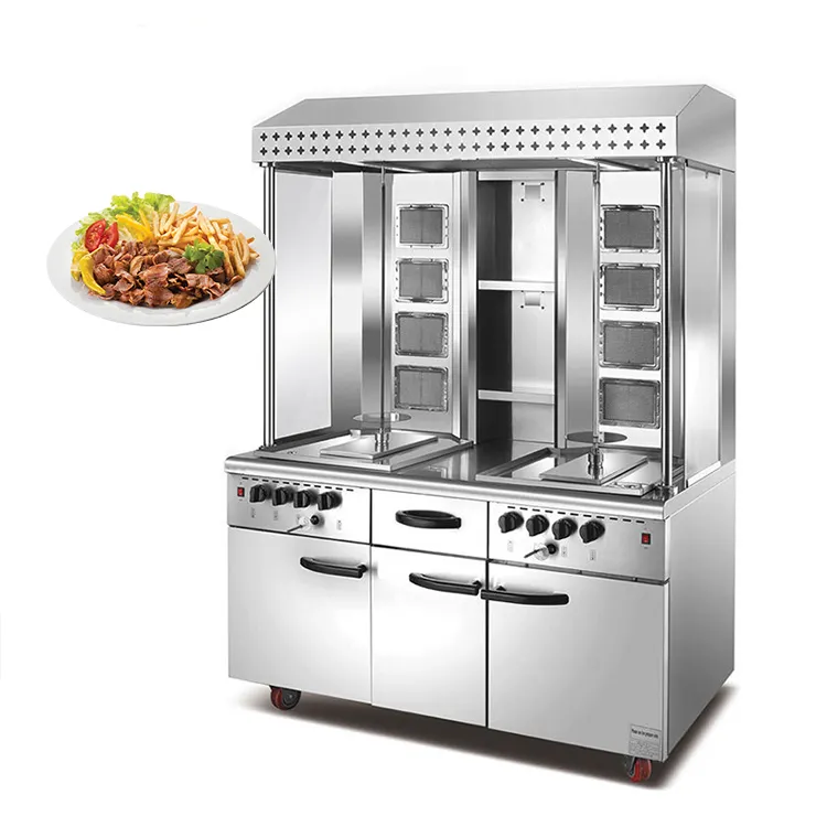 Gas Döner Kebab Shoarma Machine Elektrische Kalkoen Grill Machine Vlees Kebab Braadmachine Met Kast