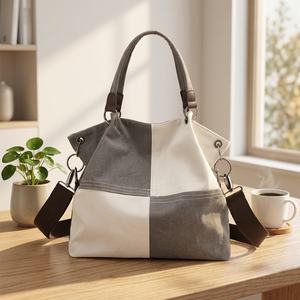 Canvas Shoulder <b>Tote</b> <b>Bag</b> Contrast Color Hobo Handbag Zipper Closure <b>Vintage</b> Women's Daily Travel <b>Bag</b> Two Straps Waterproof - Product Image 4