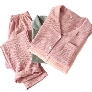 Hot Selling Quality Sleepwear Double Gauze 2 Piece Long Sleeved Women's Cotton Pajamas Set