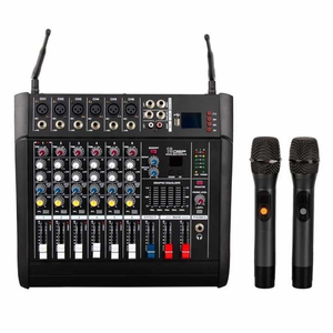 Console de mixage audio professionnelle 6 canaux avec amplificateur intégré 300W, 2 micros sans fil, contrôleur <span class=keywords><strong>DJ</strong></span> et console musicale - Product Image 1