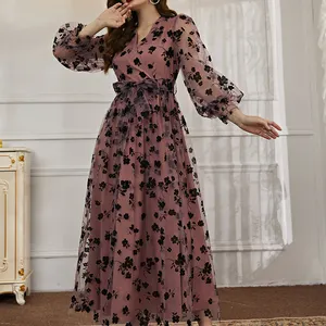 Produto da moda vestido de Noite V Pescoço Frente Cinto De Malha Floral Vestido Para As Mulheres