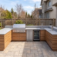 Meubles de cuisine d'extérieur en acier inoxydable en forme de L, finition grain de bois, pour jardin, avec barbecue à gaz, évier, lave-vaisselle et réfrigérateur, par Hyrley OEM
