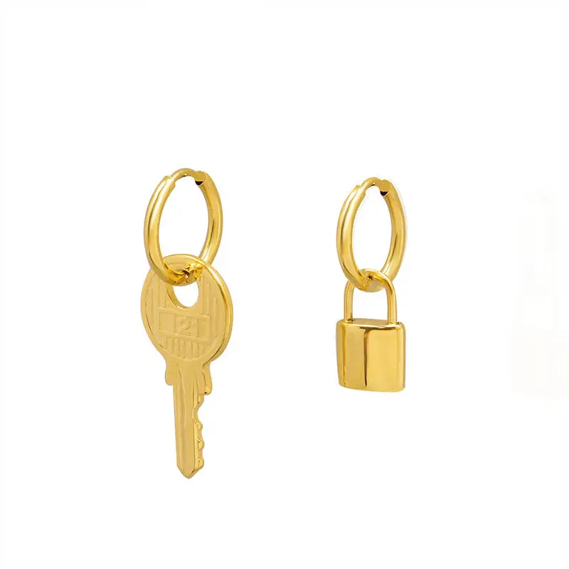 Asymmetrical Lock Key Hoop Earrings for Women 18 K Metal Titanium Steel Jewelry Gold Stainless Steel Statement Earrings