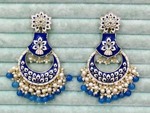 Pendientes de araña azules hechos a mano con perlas de imitación y pedrería, aleación chapada en oro, joyería étnica de boda para mujer - Product Image 1