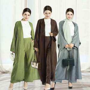 Linen Open Abaya Turkey 2pcs Set Modest Fashion Muslim Set Top <strong>and</strong> Pants Islamic <strong>Clothing</strong> - Product Image 1
