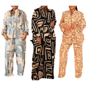 Elegant Commuting Stand Collar Printed Drawstring Waist Long-sleeve Women's Two-piece <b>Pants</b> Set Fashion - Product Image 1