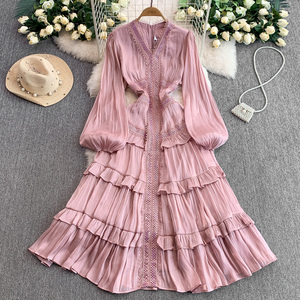 Abito Vintage con Scollo a V in Pizzo, Elegante <span class=keywords><strong>Vestito</strong></span> Lungo da Donna con <span class=keywords><strong>Maniche</strong></span> a Lanterna e Orlo a Strati Glitterato per un Look Retrò e Aderente - Product Image 4