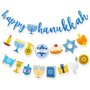 Nuova Ghirlanda Decorativa con Lettere Glitterate 'Happy Hanukkah' di Nicro, Design con Esagramma e Candelabro, Bandiera per Decorazioni Festive - Product Image 6