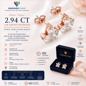 Pendientes de Oro Rosa de 2.94 CT con Diamantes Cultivados en Laboratorio en Forma de Pera, en Oro Sólido de 14K, Diseño Floral de Lujo con Triple Piedra, Certificados por IGI - Product Image 1
