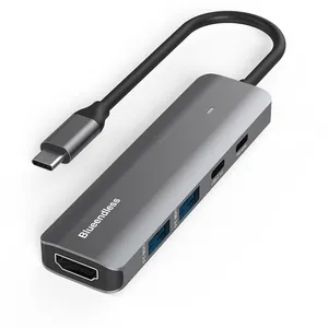 Bluewendless USB C至视频适配器4k 5合1 USB C加密狗，带100W电源2 USB 3.0端口2 c型集线器
