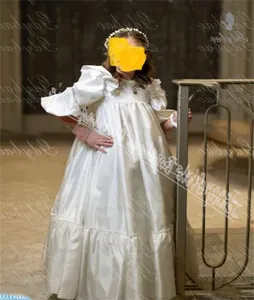 Abiti da ragazza fiore a vita alta in raso avorio con volant sorella della <span class=keywords><strong>sposa</strong></span> per costumi da principessa per feste di compleanno - Product Image 2