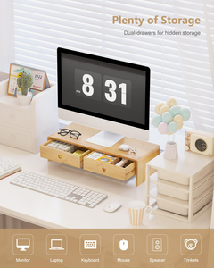 Support d'écran multifonctionnel en bambou durable, organiseur de bureau, rehausseur d'ordinateur portable avec deux tiroirs, finition laquée NC - Product Image 2