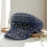 Gorras de Estilo Newsboy a Cuadros Azul Marino al por Mayor, con Pedrería Brillante, para Fiestas y Conciertos, para Chicas