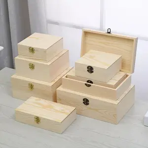 Caja de madera con tapa abatible al por mayor con logotipo personalizado OEM, caja de madera de pino para almacenamiento de joyas